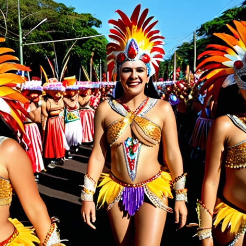 Home 7 A vibrant, wide shot of a Carnival parade in Encarnación, Paraguay. Focus on the elaborate costumes with glittering sequins, shimmering feathers, and imaginative masks. Capture the energy of the dancers and the joyful crowd in the background. The lighting should be bright and festive, showcasing the "Farbenrausch für die Sinne".
