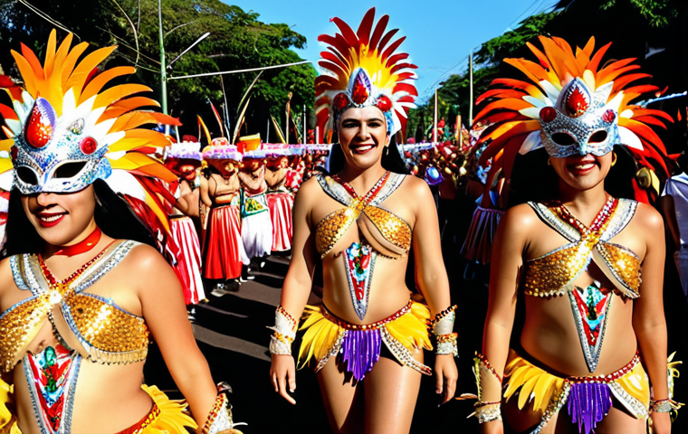 A vibrant, wide shot of a Carnival parade in Encarnación, Paraguay. Focus on the elaborate costumes with glittering sequins, shimmering feathers, and imaginative masks. Capture the energy of the dancers and the joyful crowd in the background. The lighting should be bright and festive, showcasing the "Farbenrausch für die Sinne".